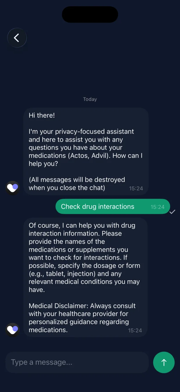 DoseMed AI assistant chat answering a drug interaction question and showing a medical disclaimer, with a note that messages are deleted when the chat closes
