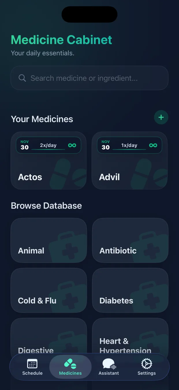 DoseMed medicine cabinet with a drug search bar and browsable FDA categories including antibiotics, diabetes and animal medicines