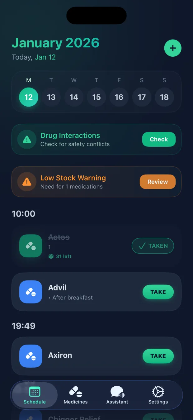 DoseMed low stock warning banner above a schedule showing a taken dose with 31 pills left