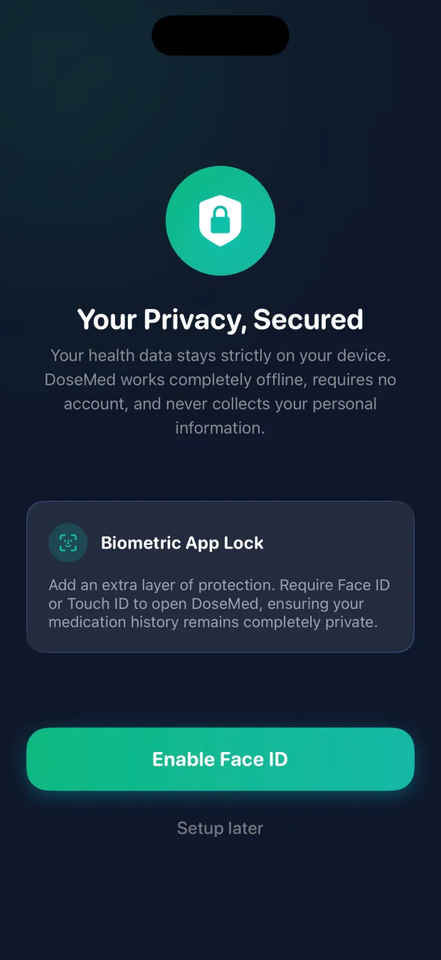 DoseMed privacy screen offering Face ID and Touch ID app lock, stating health data stays on the device